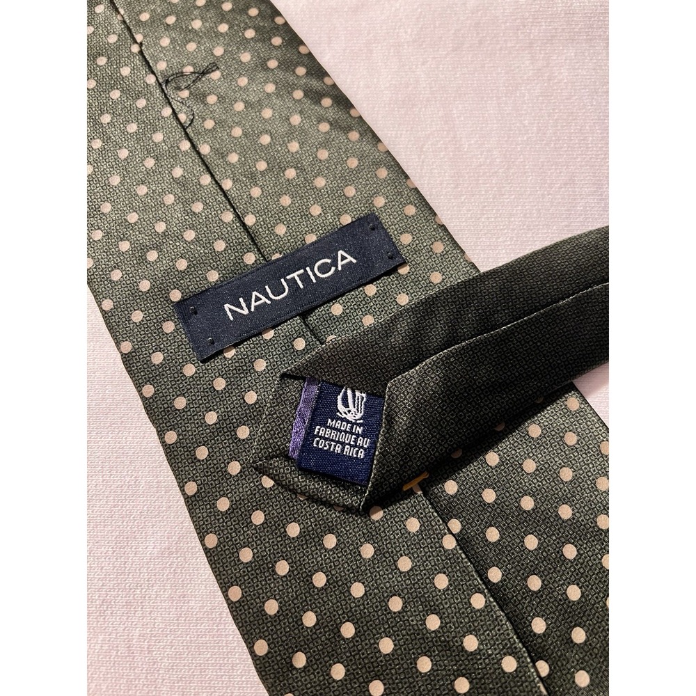 Nautica Olive Green Polkadot Micro Geometric Print Motif 100% Silk Tie Necktie